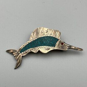 Vintage Navajo Sterling Silver Turquoise Red Stone Eye Swordfish Brooch Pin